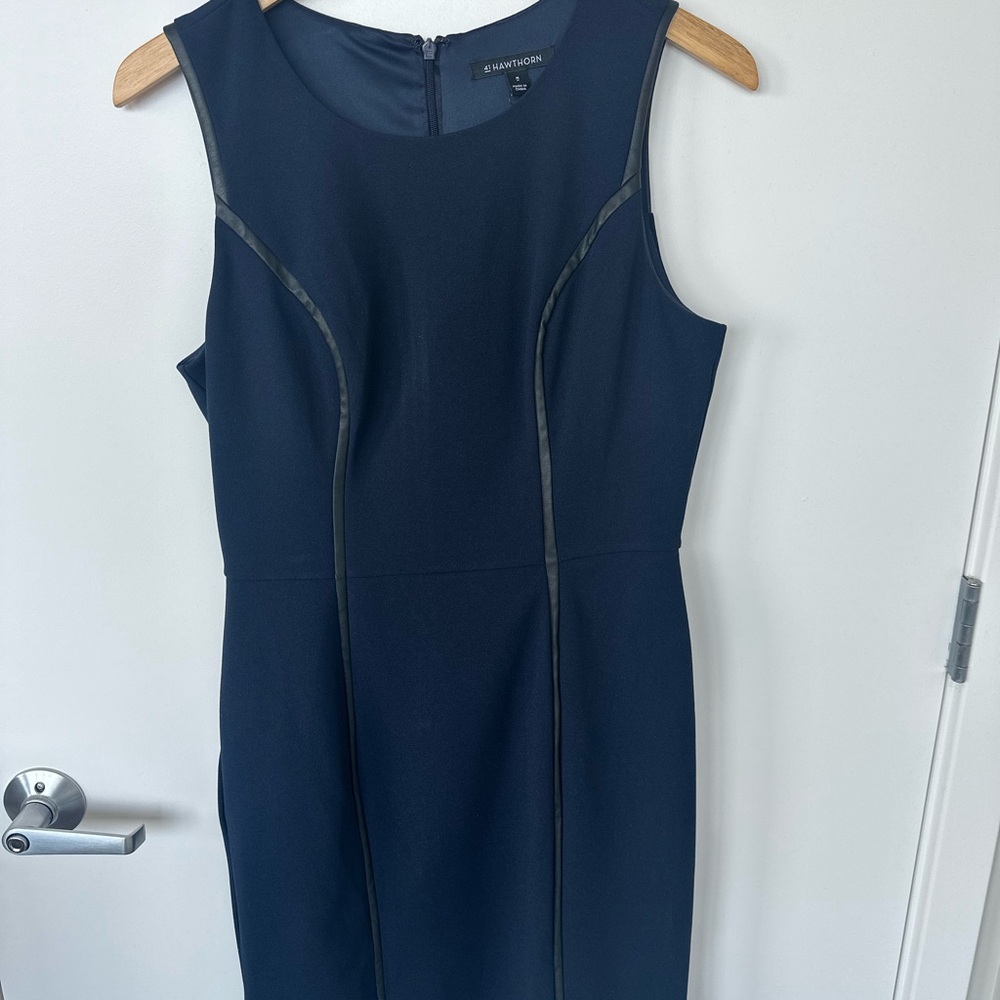 Navy Sheath Leather Trim Sleeveless Back Zippered Dress